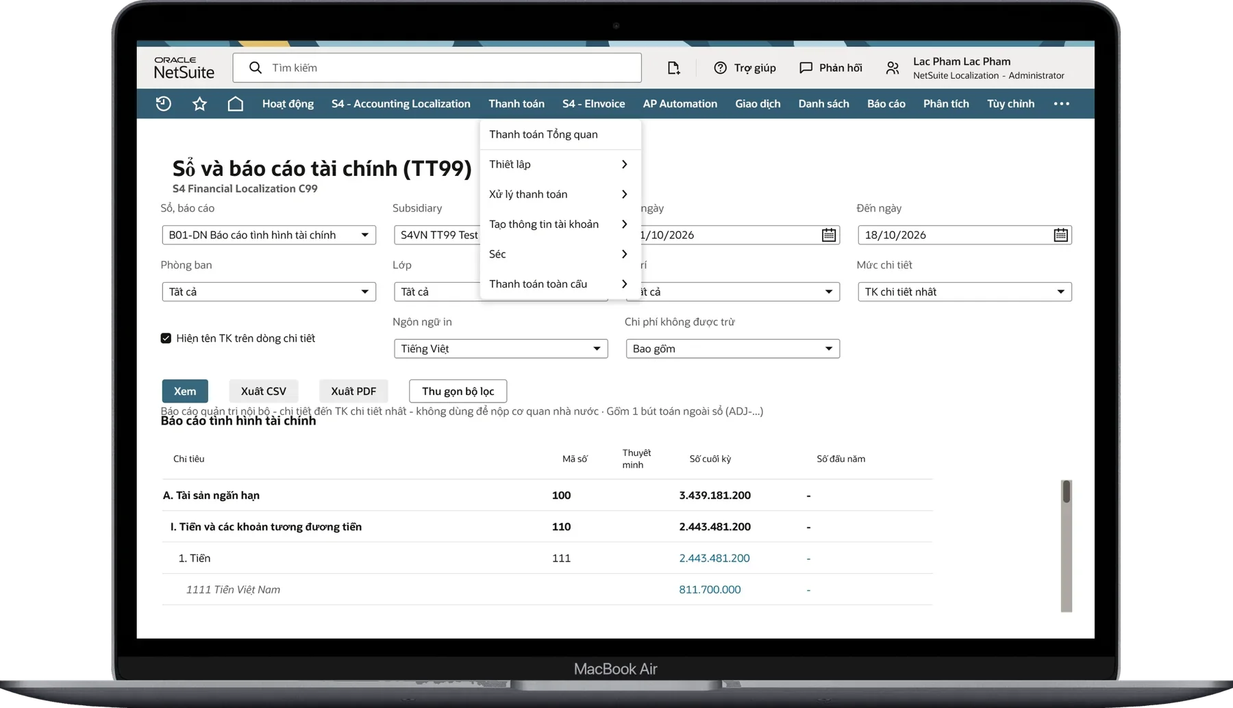 Màn hình Sổ và báo cáo tài chính TT99 trên NetSuite: bộ lọc B01-DN theo subsidiary, phòng ban, lớp, vị trí, mức chi tiết